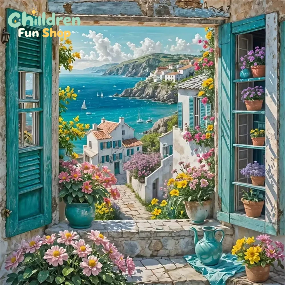DIY Blue Window Floral Coastal - огляд і ціна Resin Art Wallpaper